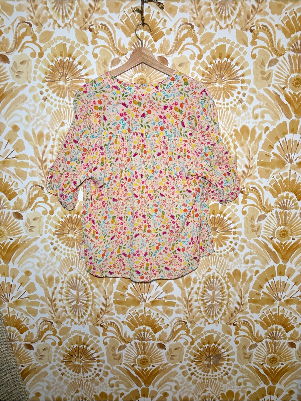 Democracy Floral Paisley Roll Tab Blouse | Lightweight Button Front Top | Boho - Picture 6 of 12